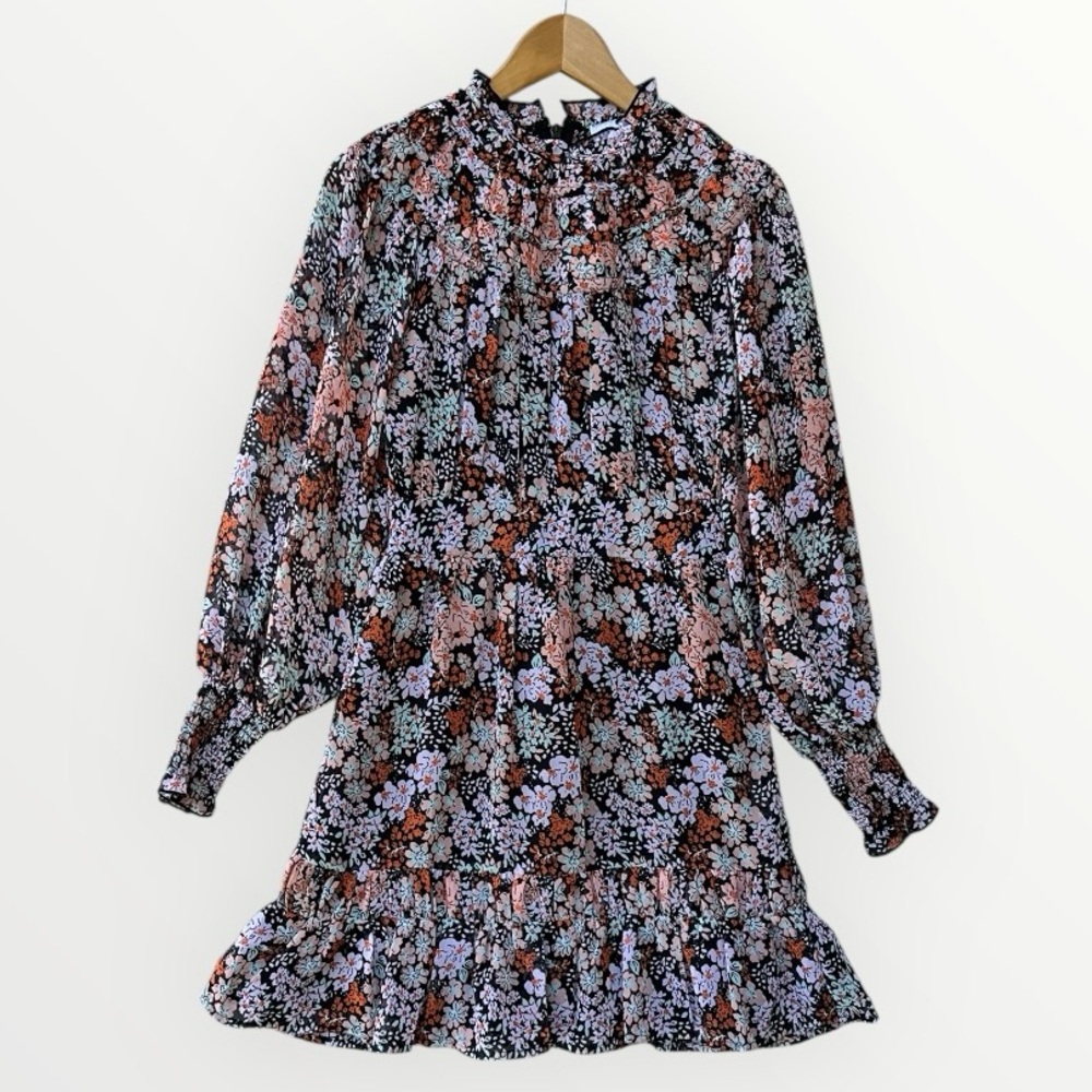 Topshop Black Floral Long-Sleeve Ruffle Dress with Lavender and Rust Accents